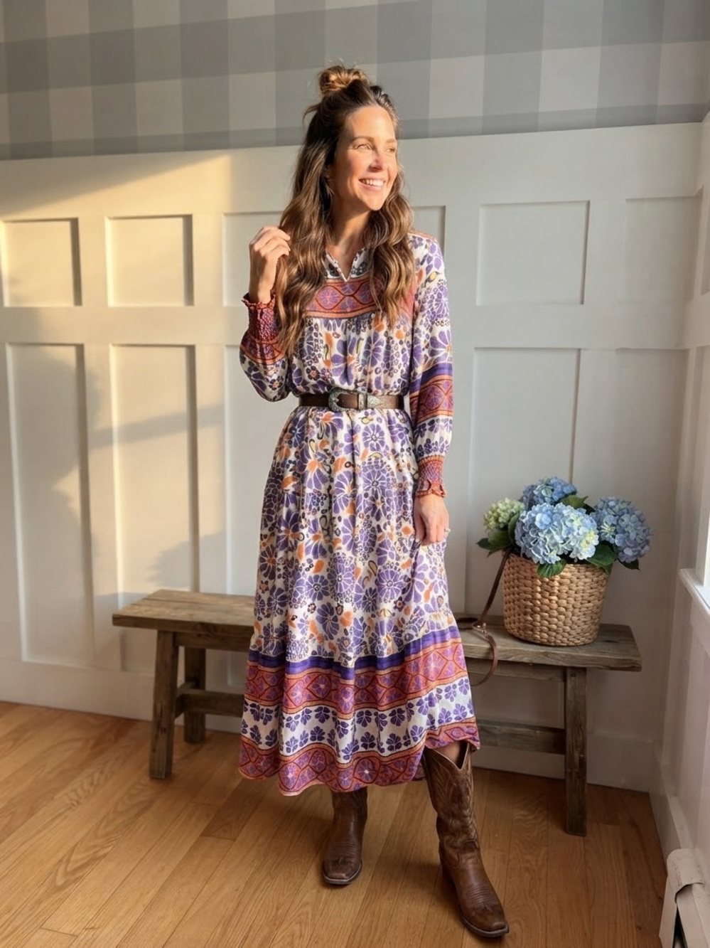 Bohemian Lavender and Rust Floral Maxi Dress with Long Sleeves